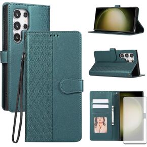 Asuwish Phone Case for Samsung Galaxy S22 Ultra 5G Wallet Cover with Tempered Glass Screen Protector and Wrist Strap Flip Credit Card Holder Stand Cell S22ultra 22S S 22 S22ultra5g 6.8 Women Green