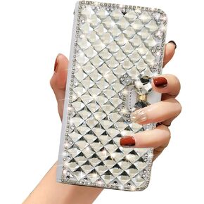 Omio for iPhone 11 Wallet Case Luxury Glitter Bling Diamond Card Holder Women Case with Stand Shiny Sparkle Rhinestone Crystal Bowknot Shockproof Non-Slip Fashion Flip Cover for iPhone 11 Case White
