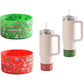 2Pcs Christmas Silicone Boot for Stanley Cup Accessories, Christmas Theme Protector Water Bottle Bottom Sleeve Tumbler Flask Anti Slip Bottom Cover Bumper Sport Bottles (Red,Green)