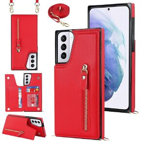 Crossbody Wallet Case for Samsung Galaxy S21 Ultra with RFID Blocking Card Slot Holder, Magnetic Flip Folio Purse Case, PU Leather Zipper Handbag with Detachable Lanyard Strap -Pink