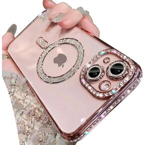 Magnetic Series Designed for iPhone Case,[Compatible with MagSafe][Military Drop&Camera Lens Protection],Luxury Glitter Diamond Plated Bumper Clear Shockproof Cover (Pink,iPhone 13)