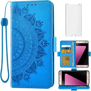 Asuwish Compatible with Samsung Galaxy S7 Wallet Case Tempered Glass Screen Protector Card Holder Flip Purse Accessories Wrist Strap Cell Phone Cover for Glaxay S 7 7s GS7 SM-G930V G930A Men Blue