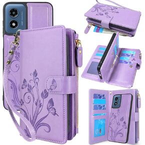Lacass Case Wallet for Motorola Moto G Play 4G 2024, [12 Card Slots] ID Credit Cash Holder Zipper Pocket Detachable Leather Wallet Cover with Wrist Strap Lanyard（Floral Blue Green）