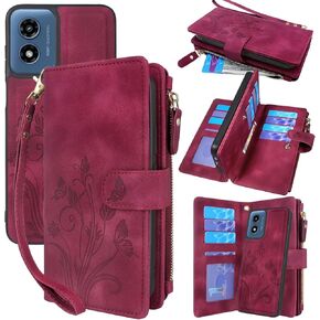 Lacass Case Wallet for Motorola Moto G Play 4G 2024, [12 Card Slots] ID Credit Cash Holder Zipper Pocket Detachable Leather Wallet Cover with Wrist Strap Lanyard（Floral Blue Green）