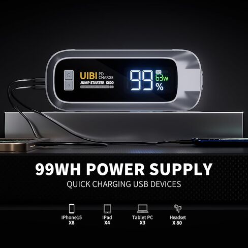 بطارية السيارة، بادئ تشغيل متنقل UIBI 1500A لصندوق وصل السيارة، حزمة بطارية بادئ تشغيل 12 فولت (ما يصل إلى 7.0 لتر غاز و5.5 لتر ديزل) مع شاشة LCD أكبر 2 بوصة، ضوء 3 في 1 in Kuwait