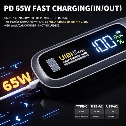 بطارية السيارة، بادئ تشغيل متنقل UIBI 1500A لصندوق وصل السيارة، حزمة بطارية بادئ تشغيل 12 فولت (ما يصل إلى 7.0 لتر غاز و5.5 لتر ديزل) مع شاشة LCD أكبر 2 بوصة، ضوء 3 في 1 in Kuwait