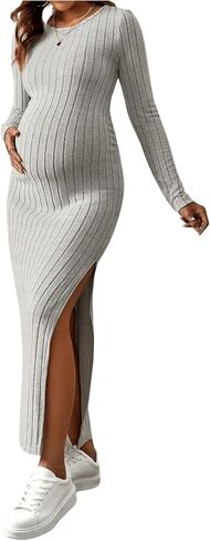OYOANGLE Women's Maternity Dress Long Sleeve Round Neck Split Thigh Rib Knitted Bodycon Long Dresses in Kuwait