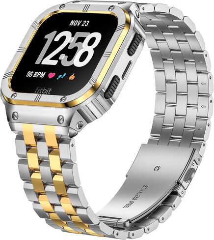 SUPLINK Stainless Steel Case & Band Compatible with Fitbit Versa 4 Bands/Versa 3/Versa/Versa 2 Watch bands Men,Protector Cover Strap for Fitbit Sense/Versa Lite/Fitbit Sense 2 Bands,Black in Saudi Arabia