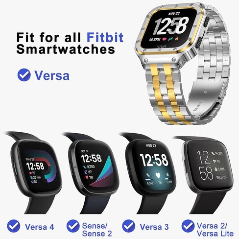SUPLINK Stainless Steel Case & Band Compatible with Fitbit Versa 4 Bands/Versa 3/Versa/Versa 2 Watch bands Men,Protector Cover Strap for Fitbit Sense/Versa Lite/Fitbit Sense 2 Bands,Black in Saudi Arabia