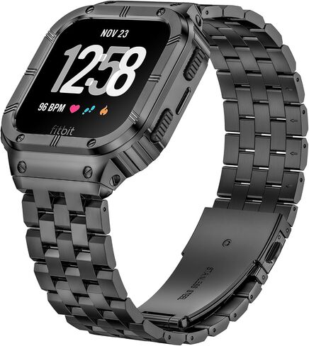 SUPLINK Stainless Steel Case & Band Compatible with Fitbit Versa 4 Bands/Versa 3/Versa/Versa 2 Watch bands Men,Protector Cover Strap for Fitbit Sense/Versa Lite/Fitbit Sense 2 Bands,Black in Saudi Arabia