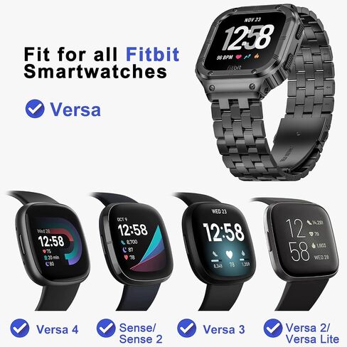 SUPLINK Stainless Steel Case & Band Compatible with Fitbit Versa 4 Bands/Versa 3/Versa/Versa 2 Watch bands Men,Protector Cover Strap for Fitbit Sense/Versa Lite/Fitbit Sense 2 Bands,Black in Saudi Arabia