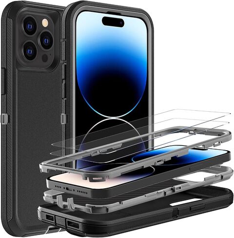 for iPhone 14 Pro Case, Military Grade 3 in 1 Heavy Duty Shockproof/Drop Proof/Dust Proof Case with 2Pcs Tempered Glass Screen Protector (Black/Grey) in Saudi Arabia