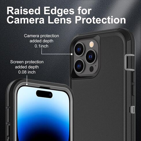for iPhone 14 Pro Case, Military Grade 3 in 1 Heavy Duty Shockproof/Drop Proof/Dust Proof Case with 2Pcs Tempered Glass Screen Protector (Black/Grey) in Saudi Arabia
