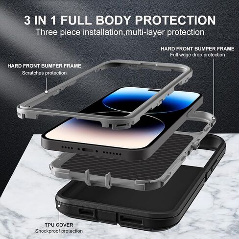 for iPhone 14 Pro Case, Military Grade 3 in 1 Heavy Duty Shockproof/Drop Proof/Dust Proof Case with 2Pcs Tempered Glass Screen Protector (Black/Grey) in Saudi Arabia