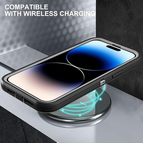 for iPhone 14 Pro Case, Military Grade 3 in 1 Heavy Duty Shockproof/Drop Proof/Dust Proof Case with 2Pcs Tempered Glass Screen Protector (Black/Grey) in Saudi Arabia