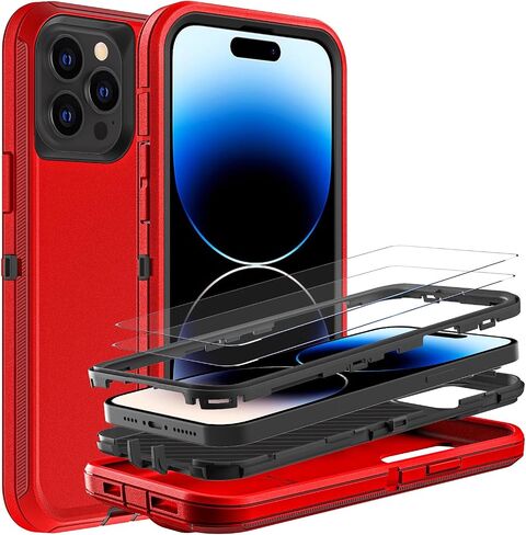 for iPhone 14 Pro Case, Military Grade 3 in 1 Heavy Duty Shockproof/Drop Proof/Dust Proof Case with 2Pcs Tempered Glass Screen Protector (Black/Grey) in Saudi Arabia