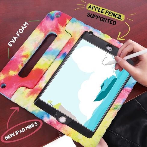 HDE Case for iPad Mini 5 & 4 Kids Case with Built in Screen Protector - Shockproof Handle Stand with Apple Pencil Holder for iPad Mini 5th Generation and Mini 4th Generation Tablet Tie Dye in Kuwait