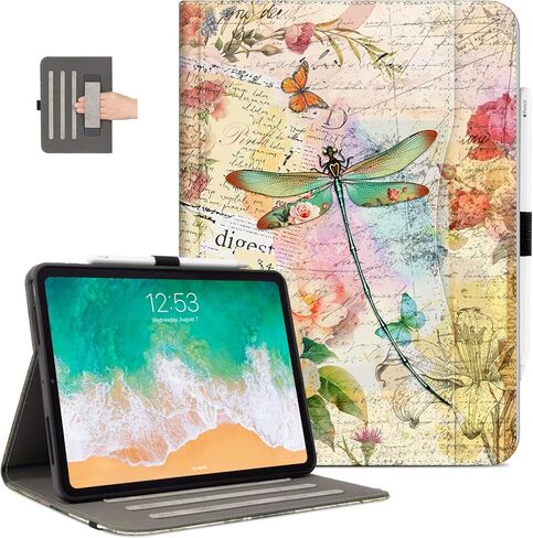 Vimorco Leather Case for iPad Pro 11 inch M4 2024 Model (5th Generation), Pu Leather Protective Adjustable Stand Cover, Hand Strap, Card Pocket with Pencil Holder, Dragonfly in Kuwait