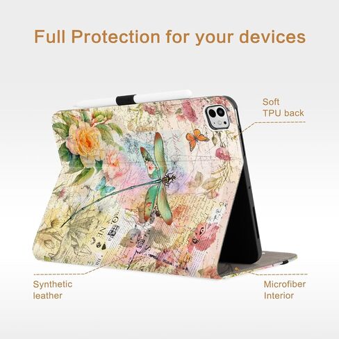 Vimorco Leather Case for iPad Pro 11 inch M4 2024 Model (5th Generation), Pu Leather Protective Adjustable Stand Cover, Hand Strap, Card Pocket with Pencil Holder, Dragonfly in Kuwait
