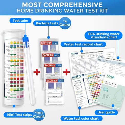 17 in 1 Home Drinking Water Testing Kit - 100 Strips + 4 Bacteria Tests - Tap and Well Water Test Kit, Easy to Test and Read for Hardness, Lead, Iron, Fluoride, pH, Copper, Bacteria and More in Saudi Arabia