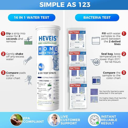 17 in 1 Home Drinking Water Testing Kit - 100 Strips + 4 Bacteria Tests - Tap and Well Water Test Kit, Easy to Test and Read for Hardness, Lead, Iron, Fluoride, pH, Copper, Bacteria and More in Saudi Arabia