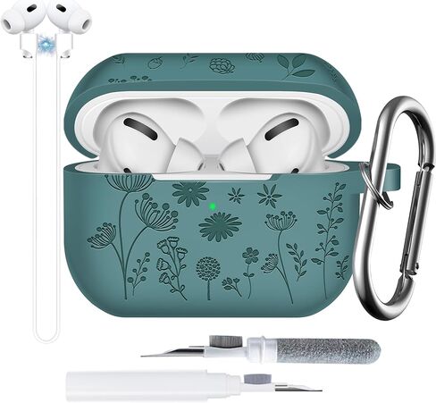 Flower Engraved Case for AirPods Pro 2nd/1st Generation Case Cover - 4 in 1 Magnetic Straps Lanyard Cute Two-Tone Floral Soft Silicone Cover for AirPods Pro Case Cleaner Kit for Women Gift PineGreen in Saudi Arabia