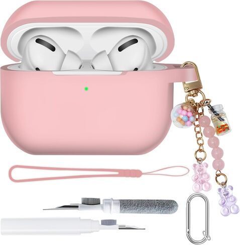 Flower Engraved Case for AirPods Pro 2nd/1st Generation Case Cover - 4 in 1 Magnetic Straps Lanyard Cute Two-Tone Floral Soft Silicone Cover for AirPods Pro Case Cleaner Kit for Women Gift PineGreen in Saudi Arabia