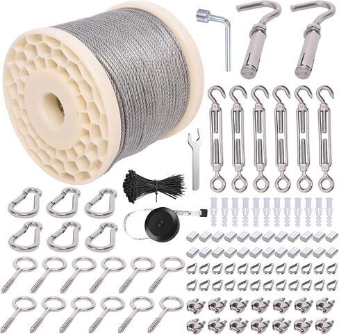 250FT 1/8" Wire Rope Kit, Vinyl Coated 304 Stainless Steel Wire Cable, 7x7 Strands 920LBS Breaking Strength, M5 Turnbuckle for Cable Wire, String Light Hanging Kit for Outdoor, Garden, Clothesline in Saudi Arabia