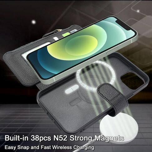 حافظة Harryshell متوافقة مع iPhone 12/12 Pro تدعم الشحن اللاسلكي MagSafe مع 3 فتحات للبطاقات وحامل للعملات المعدنية وسحاب وجيب من جلد البولي يوريثان وحزام معصم (أسود) in Kuwait