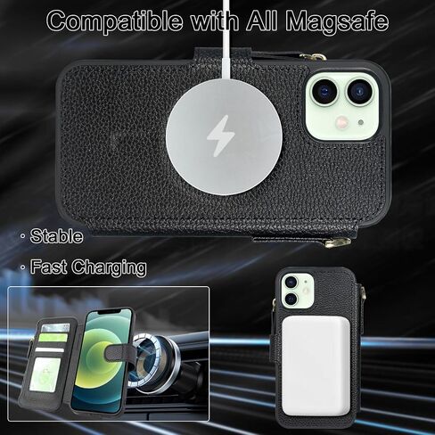 حافظة Harryshell متوافقة مع iPhone 12/12 Pro تدعم الشحن اللاسلكي MagSafe مع 3 فتحات للبطاقات وحامل للعملات المعدنية وسحاب وجيب من جلد البولي يوريثان وحزام معصم (أسود) in Kuwait