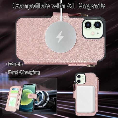 حافظة Harryshell متوافقة مع iPhone 12/12 Pro تدعم الشحن اللاسلكي MagSafe مع 3 فتحات للبطاقات وحامل للعملات المعدنية وسحاب وجيب من جلد البولي يوريثان وحزام معصم (أسود) in Kuwait