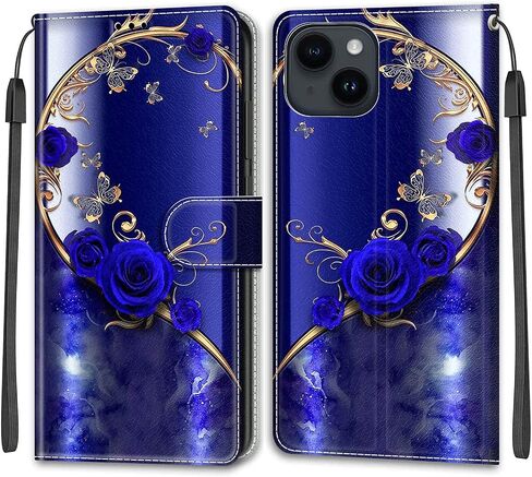 Case for iPhone 13/14, PU Leather Wallet Magnetic Folio Flip Wallet Phone Case Pattern Design Cover with Kickstand Card Slots Wrist Strap TPU Shockproof Case for iPhone 13/14 6.1'', Rose in Saudi Arabia