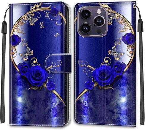 Case for iPhone 13/14, PU Leather Wallet Magnetic Folio Flip Wallet Phone Case Pattern Design Cover with Kickstand Card Slots Wrist Strap TPU Shockproof Case for iPhone 13/14 6.1'', Rose in Saudi Arabia