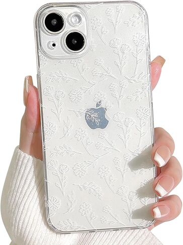 Compatible for iPhone 14 Case Clear Cute Flower Floral with Slim Glitter Design for Girls Women Soft TPU Shockproof Protective Girly for iPhone 14 Case-White in Saudi Arabia