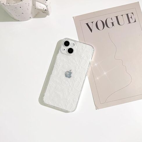 Compatible for iPhone 14 Case Clear Cute Flower Floral with Slim Glitter Design for Girls Women Soft TPU Shockproof Protective Girly for iPhone 14 Case-White in Saudi Arabia