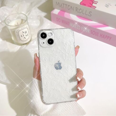 Compatible for iPhone 14 Case Clear Cute Flower Floral with Slim Glitter Design for Girls Women Soft TPU Shockproof Protective Girly for iPhone 14 Case-White in Saudi Arabia