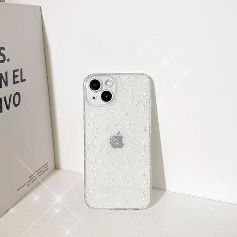 Compatible for iPhone 14 Case Clear Cute Flower Floral with Slim Glitter Design for Girls Women Soft TPU Shockproof Protective Girly for iPhone 14 Case-White in Saudi Arabia