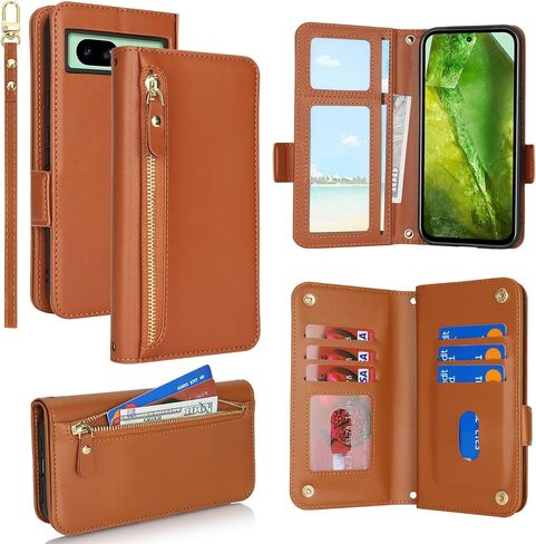 Jaorty for Google Pixel 8a Phone Case with RFID Blocking Card Holder for Women Men,Phone Case Wallet for Pixel 8a with Wrist Strap,PU Leather Zipper Pocket Credit Card Slots Flip Cover,Dark Red in Saudi Arabia