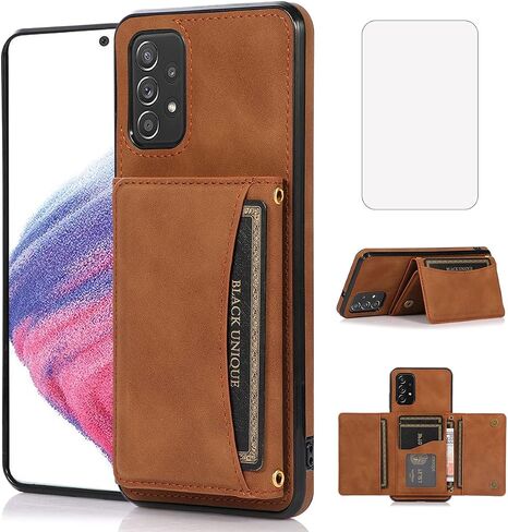 NKECXKJ Design for Samsung Galaxy A53 5G Wallet Case with Tempered Glass Screen Protector PU Leather Credit Card Holder Slot Phone Cases Kickstand Shockproof Protective Cover for Women Men 6.5" Black in Kuwait