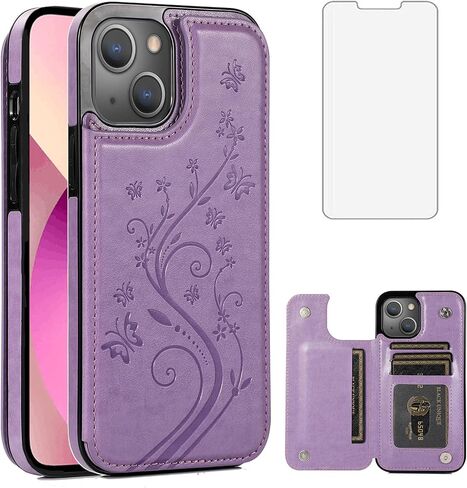 Phone Case for iPhone 13 6.1 inch with Tempered Glass Screen Protector and Card Holder Wallet Cover Stand Flip Leather Cell Accessories iPhone13 5G i i-Phone i13 iPhone13case Cases Women Girls Purple in Saudi Arabia