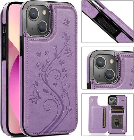 Phone Case for iPhone 13 6.1 inch with Tempered Glass Screen Protector and Card Holder Wallet Cover Stand Flip Leather Cell Accessories iPhone13 5G i i-Phone i13 iPhone13case Cases Women Girls Purple in Saudi Arabia