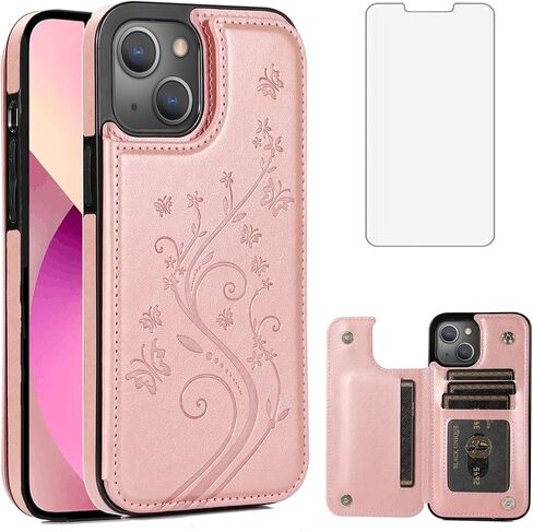 Phone Case for iPhone 13 6.1 inch with Tempered Glass Screen Protector and Card Holder Wallet Cover Stand Flip Leather Cell Accessories iPhone13 5G i i-Phone i13 iPhone13case Cases Women Girls Purple in Saudi Arabia