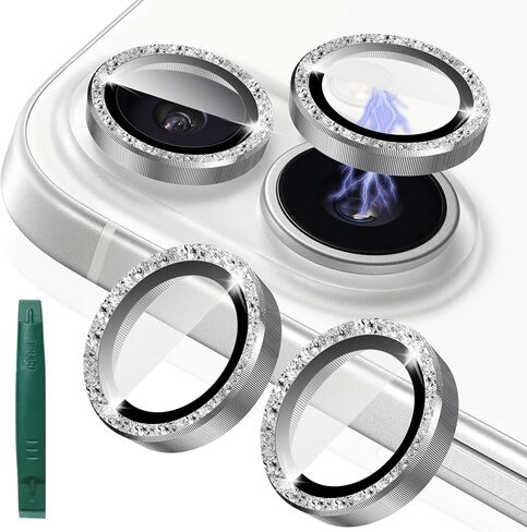 2X2 Pack Bling Camera Lens Protector متوافق مع iPhone 16 Plus /16، حلقة غطاء الكاميرا من الزجاج المقوى، مضاد للخدش، صديق للحافظة، ألماس فضي شفاف للغاية in Kuwait