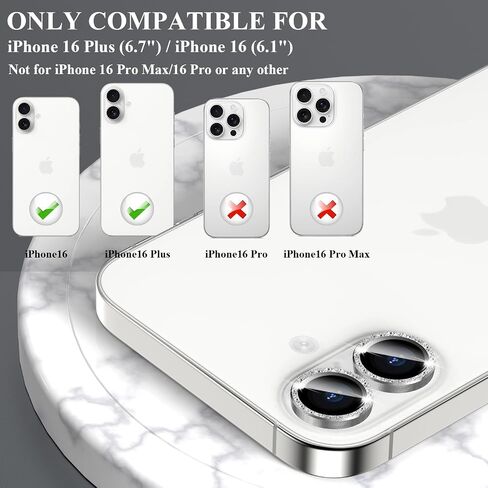2X2 Pack Bling Camera Lens Protector متوافق مع iPhone 16 Plus /16، حلقة غطاء الكاميرا من الزجاج المقوى، مضاد للخدش، صديق للحافظة، ألماس فضي شفاف للغاية in Kuwait