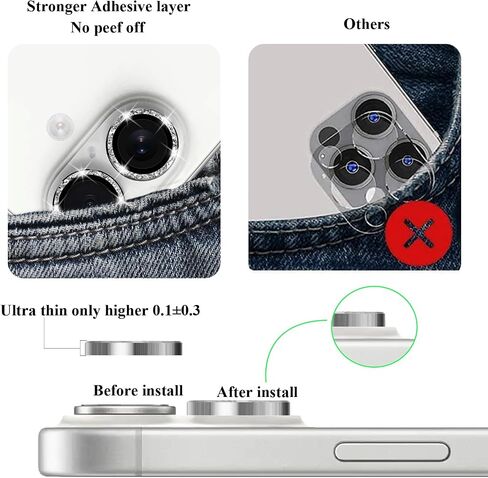 2X2 Pack Bling Camera Lens Protector متوافق مع iPhone 16 Plus /16، حلقة غطاء الكاميرا من الزجاج المقوى، مضاد للخدش، صديق للحافظة، ألماس فضي شفاف للغاية in Kuwait