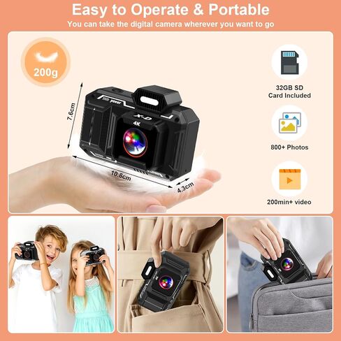 Upgraded 4K Digital Camera,HD 48MP 18X Zoom Anti Shake Auto Focus Kid Camera with 32G Card, Point and Shoot Camera with 2.8" Screen, Compact & Portable Video Camera for Kids, Teens, Beginners - Orange in Saudi Arabia