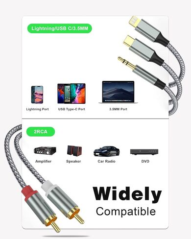 Lightning to RCA Audio Aux Cable, USB C to 2 RCA Audio Cable, RCA to 3.5mm Cable Compatible with Lightning USB C 3.5mm, for Home Theater, Speaker, Power Amplifier, Car in Saudi Arabia