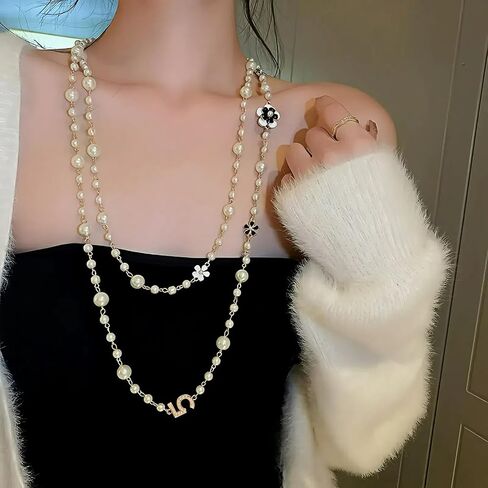 8MM Round Simulated Shell Pearl Strand Layered Necklace for Women, Double Layer Imitation Long Pearl Strand Necklace for Party, Vintage Costume Jewelry in Saudi Arabia
