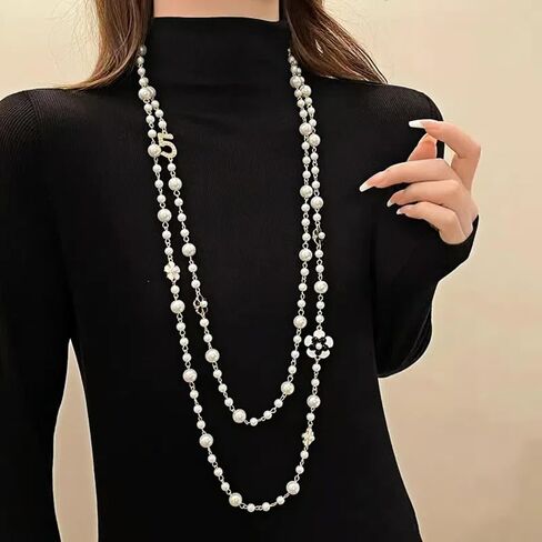 8MM Round Simulated Shell Pearl Strand Layered Necklace for Women, Double Layer Imitation Long Pearl Strand Necklace for Party, Vintage Costume Jewelry in Saudi Arabia