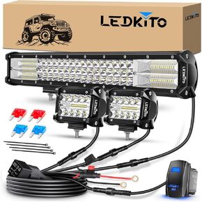 20 Inch LED Light Bar and 2PCS 4 Inch LED Pod Lights with Switch 16AWG 3 Leads Wiring Harness Triple Row Spot Flood Combo Off Road Light LED Bar Light for Pickup Je-ep Truck Tractor UTV Boat